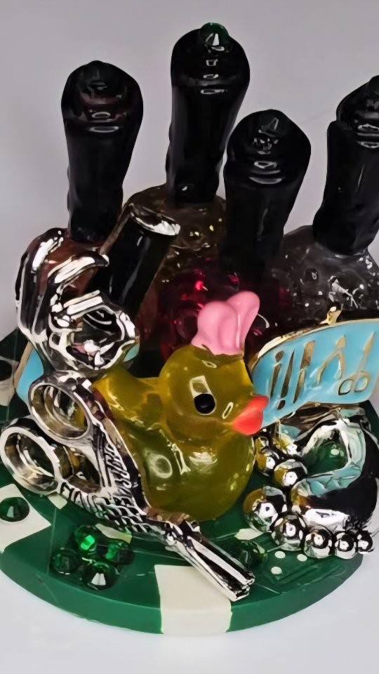 Green poker chip duck with nail polish bottles, tiny scissors, and rhinestones