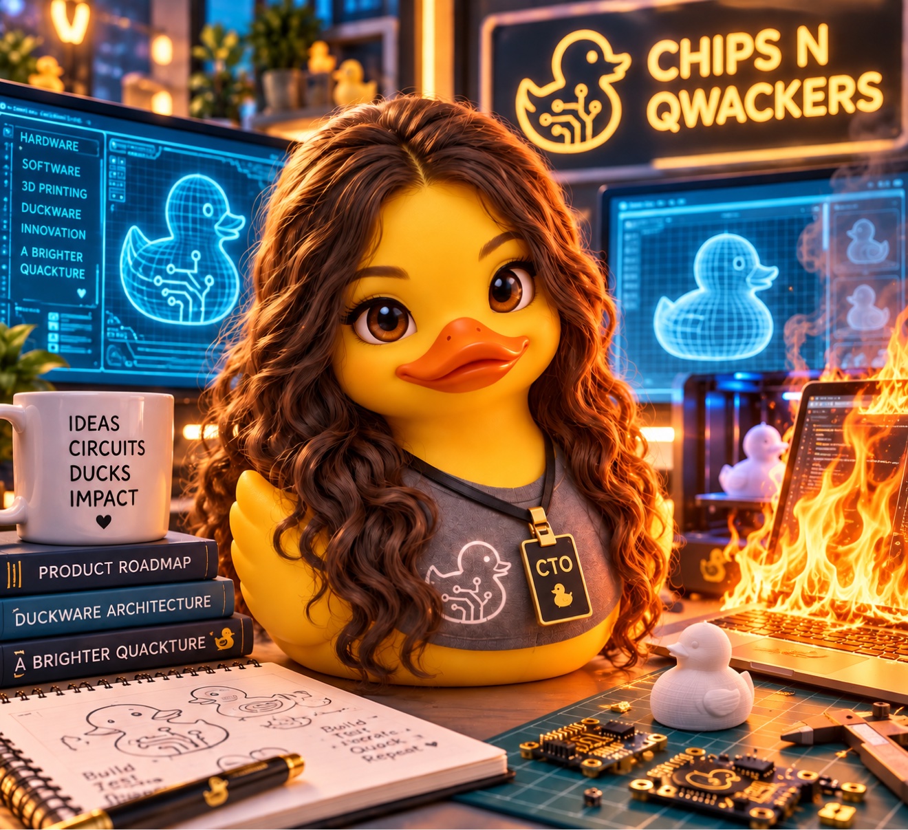 Duck with long hair and a CTO badge at a tech desk with Chips n Qwackers signage