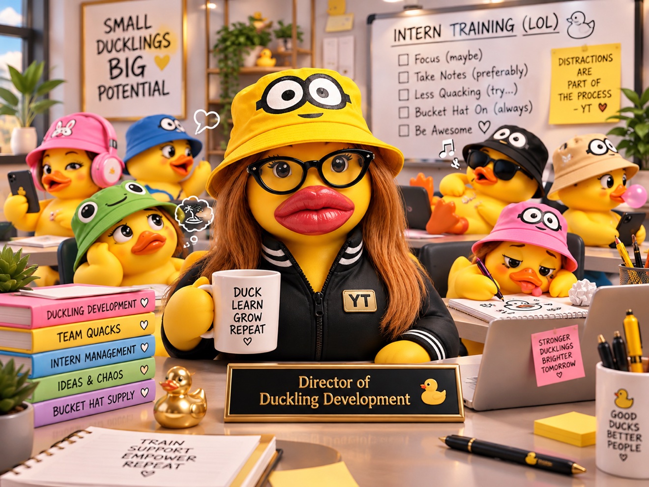 Duck with a minion bucket hat at her desk with a Director of Duckling Development nameplate, surrounded by intern ducklings