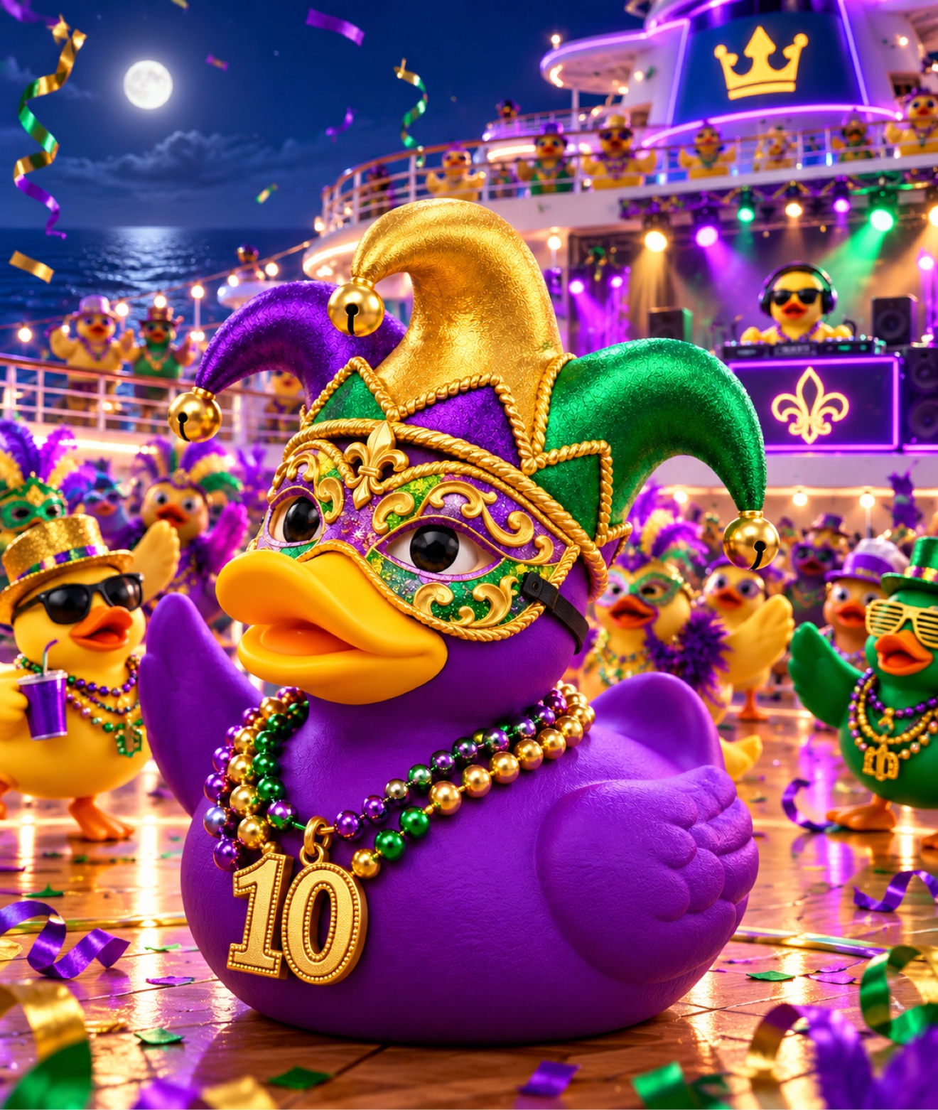 Purple Mardi Gras jester duck with mask, beads, and a 10 medallion at a cruise ship deck party