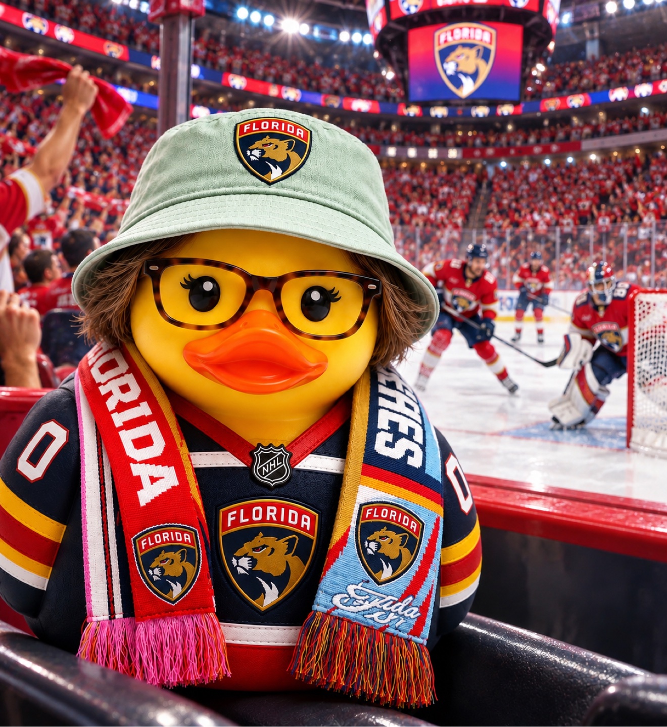 Duck in a Florida Panthers bucket hat, jersey, and scarves at a hockey game