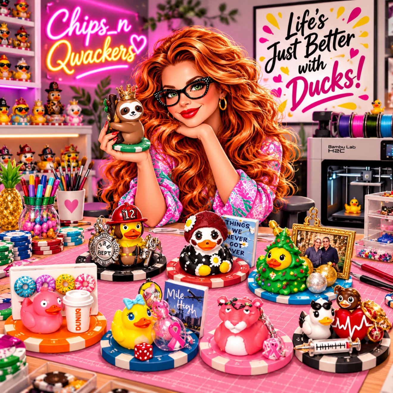 The Chips n Qwackers maker at her craft table surrounded by poker chip ducks, including firefighter, Christmas tree, donut, and nurse designs